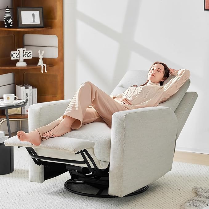 Power Swivel Recliner Chair – Nursery Glider Rocker with USB & Type-C, High Back Reclining Chair for Breastfeeding & Baby Room, Linen Fabric, Beige Grey