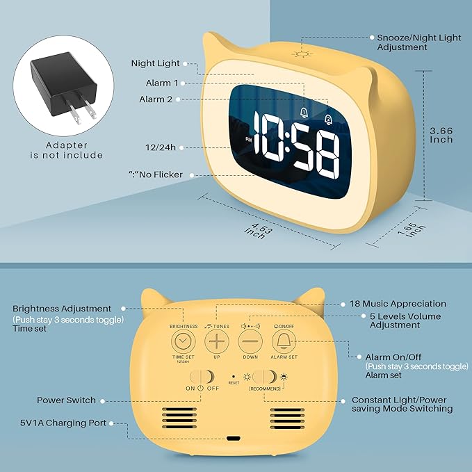 Kids Alarm Clock with Night Light & 18 Ringtones,Rechargeable,Cute Cat Ear Clock for Boys Girls Birthday Presents,Digital Clock for Children's Bedroom(Yellow)