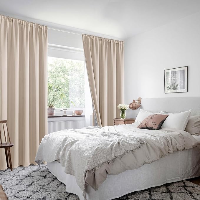 XWZO 100% Blackout Window Curtains with Tiebacks- Privacy Protection & Noise Blocking Window Draperies Rod Pocket with Black Liner for Bedroom/Living Room, Biscotti Beige, W42 x L72, Set of 2 Panels