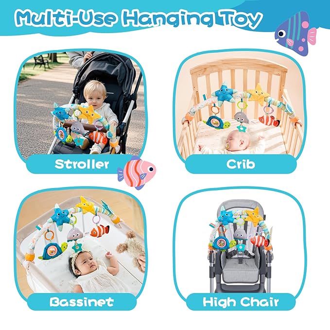 Jollybaby Musical Bassinet Stroller Crib Mobile Toy for Baby 0-6-12 Months, Infant Clip On Arch Hanging Toy with Music, Montessori Sensory Nursery Mobiles Attachment Toy for Newborn Gift - Starfish