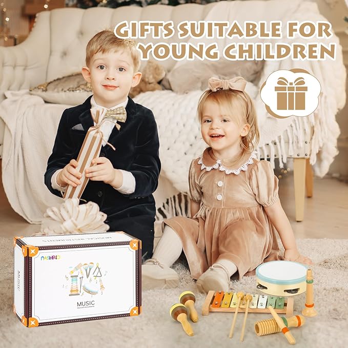 Musical Instruments Set Toys for Toddlers 1-3 - Neutral Colors Wooden Montessori Toys Percussion Music Modern Xylophone Drum Birthday Chirstmas Gifts for 1 2 3 Year Old Kids Baby Toddlers Boys Girls