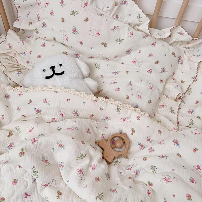 BuLuTu 100% Cotton Standard Pillow Case for Kids, 1 pc, 20"x26", Pink Floral Sheep Design Pillow Cover Muslin Gauze Pillow Protector for Children Girls Boys Bedding Gift, Envelope Closure