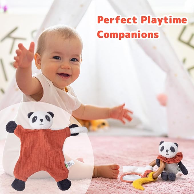 Organic Cotton Stuffed Animal Rattle Baby Toys, Organic Panda Cuddle Cloth & Organic Panda Activity Ring Plush Toy Set for Newborns Infant Boys Girls, 2 PCS