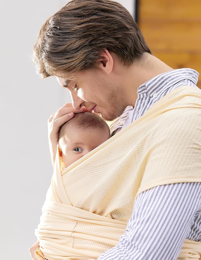Momcozy Baby Carrier AirMesh - The Perfect Summer Sling for Newborns to Toddler 8-35 lbs - Cooling Fabric Baby Wrap, Lightweight, Ergonomic, and Easy to Wear, Beige