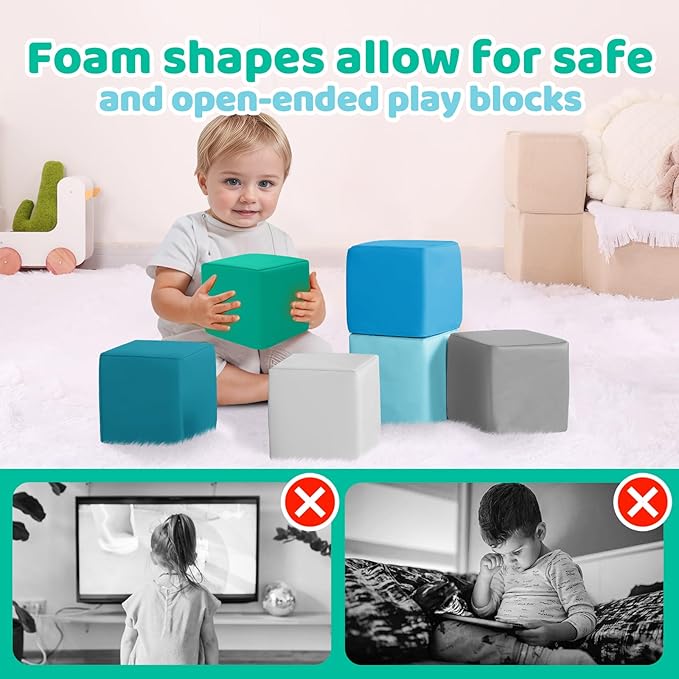 Foam Building Toys for Toddlers: 6-Pieces Waterproof PU Leather Soft Foam Blocks - Colorful Large Stacking Blocks - Early Learning Construction Toys Play Set for Kids Indoor Birthday Gift (Modern)