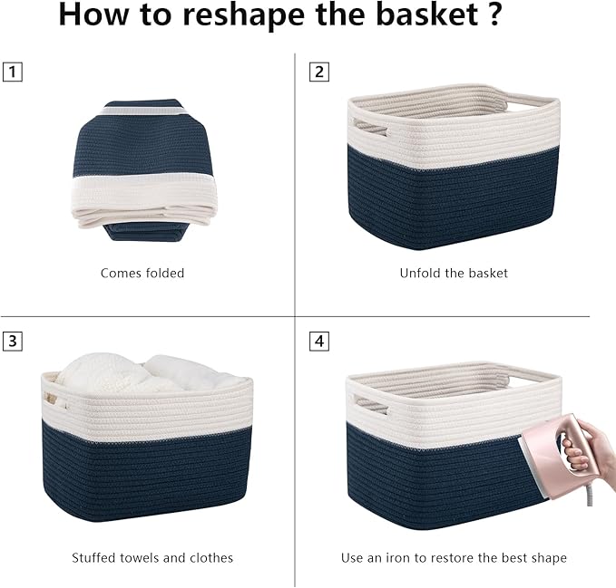 OIAHOMY 4 Pack Storage Baskets for Organizing, Basket for Shelves with Handle, Woven Baskets for Storage Toys, Towels, Books, Cotton Rope Basket 13" L x 9 " W x 7.8 " H, Blue & White