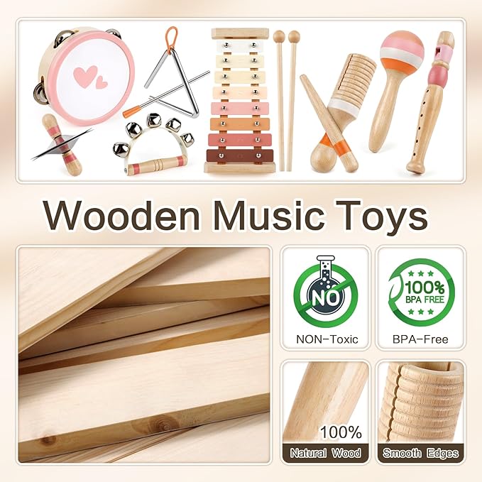Vanplay Musical Toy for Toddlers 1-3, One 1st Birthday Gifts for Girl 1-2, Wooden Montessori Toy for 2 3 Year Old, Musical Instruments with Xylophone/Drum for Baby Preschool Educational 18+ Months