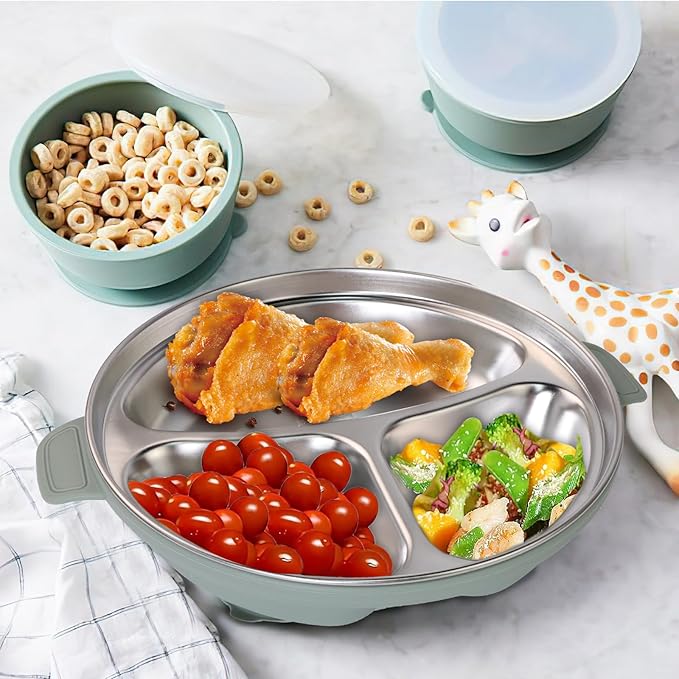 Stainless Steel Toddler Plates with Suction | Non-Slip Divided Baby Plates BPA Free & Non Toxic | Detachable Silicone Base| Dishwasher Safe | Unbreakable Kids Dinnerware 3-Pack