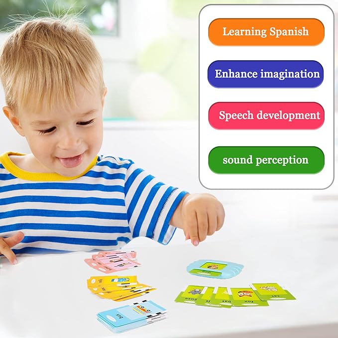 Spanish & English Talking Flash Cards for Toddlers 1 2 3 4 5 6, Audible Toys for Kids to Learn Spanish - 258 Cards and 516 Words(Blue)