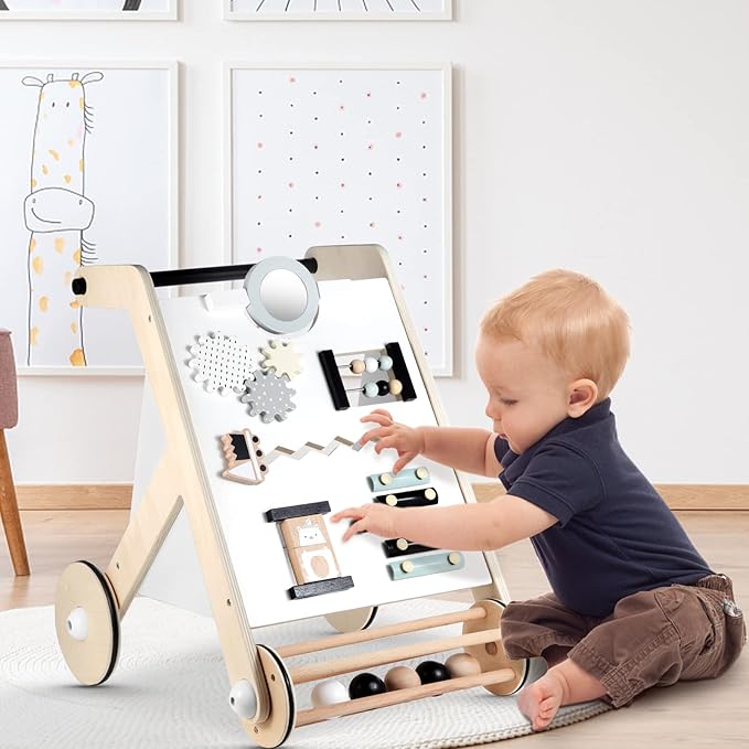Beright Wooden Baby Walker with Roller, Push and Pull Learning Activity Walker, Multi-Functional Kidsβ Activity Toy, Multiple Activities Center, Develops Motor Skills & Stimulates Creativity, Natural