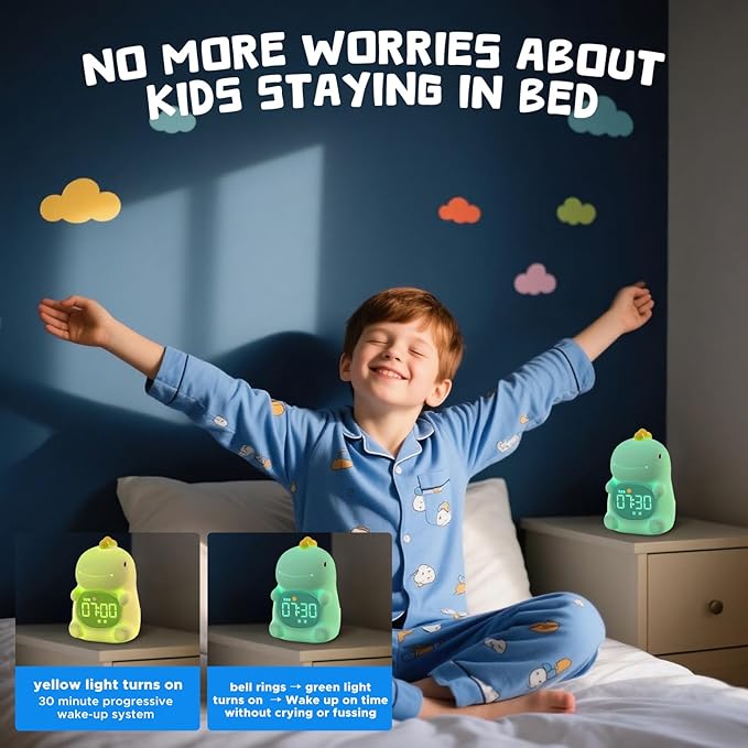 TCJJ Kids Sleep Training Alarm Clock with Night Light - OK to Wake Clock & Sound Machine, Rechargeable Silicone Animal Lamp for Boys Girls Bedroom (Dinosaurs)