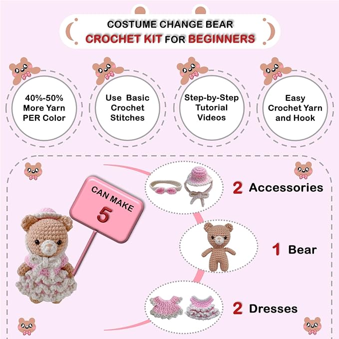 LoopMap Crochet Kit for Beginners - DIY Amigurumi Bear with Removable Dress & Accessories, Step-by-Step Video Tutorials, Extra Yarn, Crochet Tools, Handmade Gift for Kids & Adults(Bear-Pink)