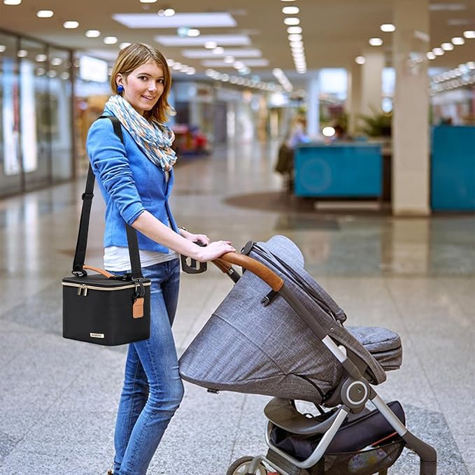 Breastmilk Cooler Bag with Ice Pack Fits 6 Baby Bottles Up to 5 Ounce, Baby Bottle Bag with Shoulder Strap for Nursing Mom Daycare-Black