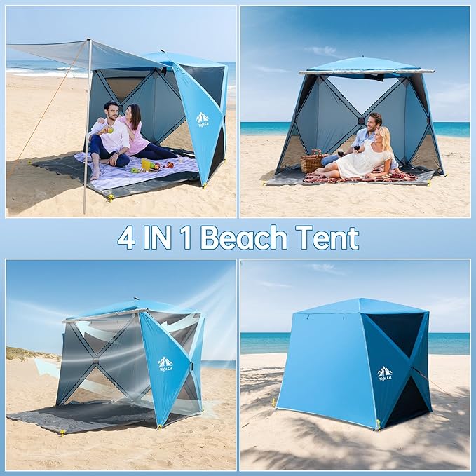Night Cat Pop-up Beach Tent: 3 4 Persons Beach Shelter with Canopy and Footprint, UPF 50+ UV Protection Backyard Camping Outdoor Canopy Poles Not Included