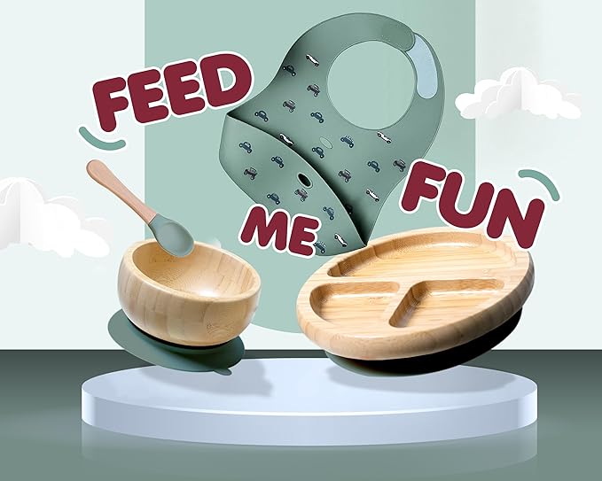 Bamboo Baby Feeding Set for Infants & Toddlers - Baby Essentials, Non-Toxic, Sustainable, Bamboo Suction Plate & Bowl, Bib, Sippy Cup w/Lid & Straw, Perfect Baby Shower Gifts (Pine Gray)