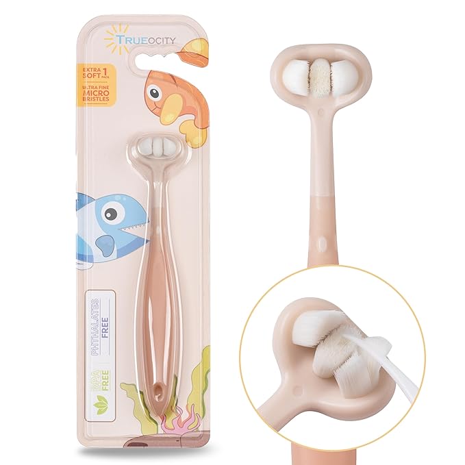 Trueocity Extra Soft Toddler Toothbrush, Toddler Toothbrushes 1-2 2-4, Toothhugger High Efficient 3 Sides Baby Toothbrush 12 Months and Up, Infant Training Brush, 10,000 Ultra-Soft bristles (Apricot)