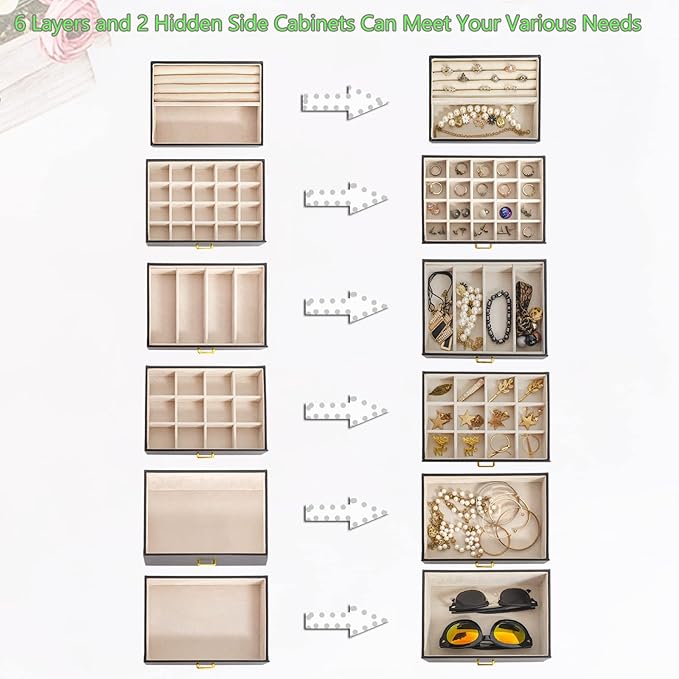 AKOZLIN Large Jewelry Box Organizer Functional Lockable with Big Mirror, Leather Jewelry Storage Case for Women Girls Ring Necklace Earring Bracelet Holder Organizer