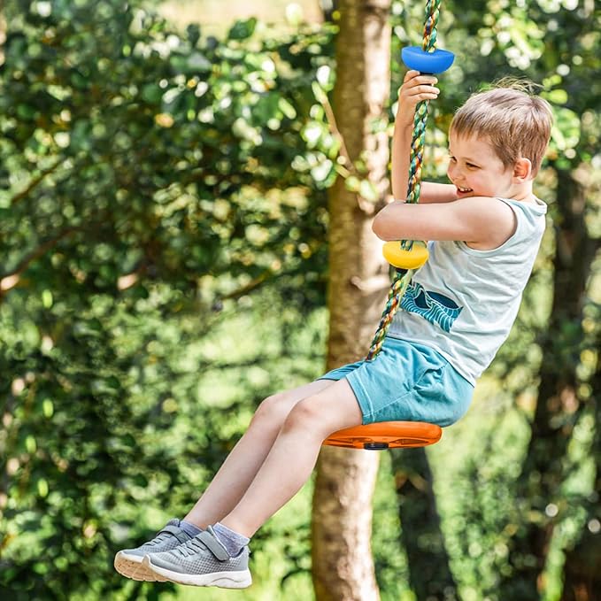 Tree Swing Rainbow Climbing Rope, Heavy Duty Swing Disc Seat Replacement for Kids with Hanging Strap and Platform Carabiners Indoor/Outdoor Playground Accessories (Orange)