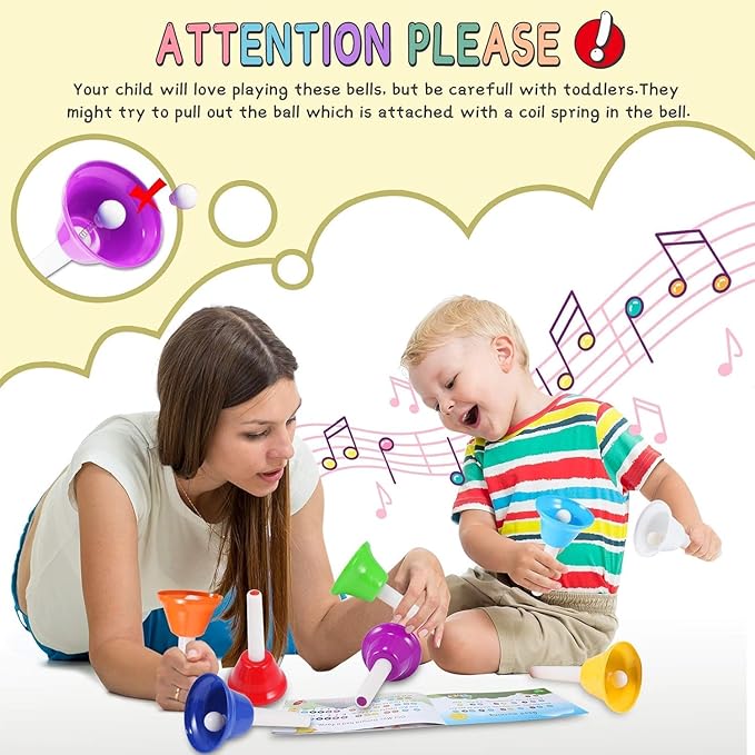 Hand Bells, 8 Note Musical Handbells Set with 17 Songbook Musical Toy Percussion Instrument for Toddlers Children Kids for Children's Day Family Activity School and Church (Multicolored)