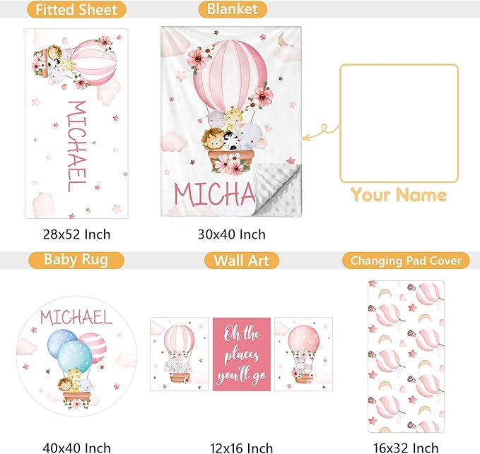 Personalized Baby Bedding Set, 5 Pcs Custom Infants Bedding Set with Infant Name, Double Layer Crib Set for Boys Girls, Customized Gifts for Nursery Toddlers Baby Shower, Hot Air Balloon Animal