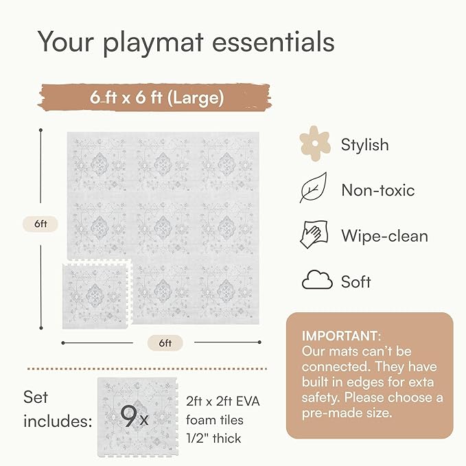 Baby Play Mat for Floor – 6x6ft Vintage Gray | Soft Non Toxic Premium EVA Foam Tiles for Tummy Time, Crawling & Playroom – Waterproof Interlocking Floor Mat for Babies & Toddlers Lillefolk (9 Tiles)