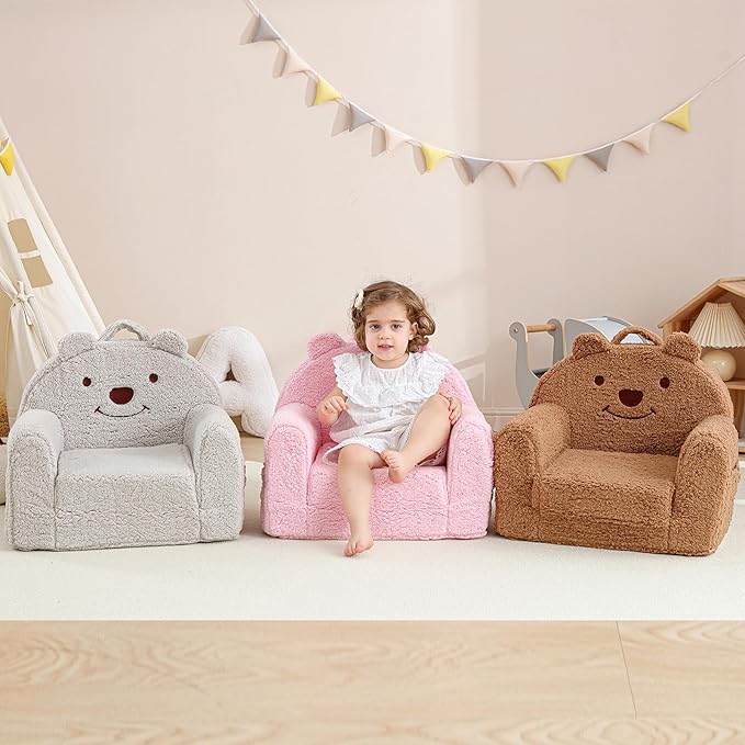 Toddler Chair,Sherpa Bear Kids Chair,Toddler Couch Fold Out,Children Reading Chair,Flip Out Kids Couch,Toddler Sofa Convertible for Age 1-3(Brown Bear)