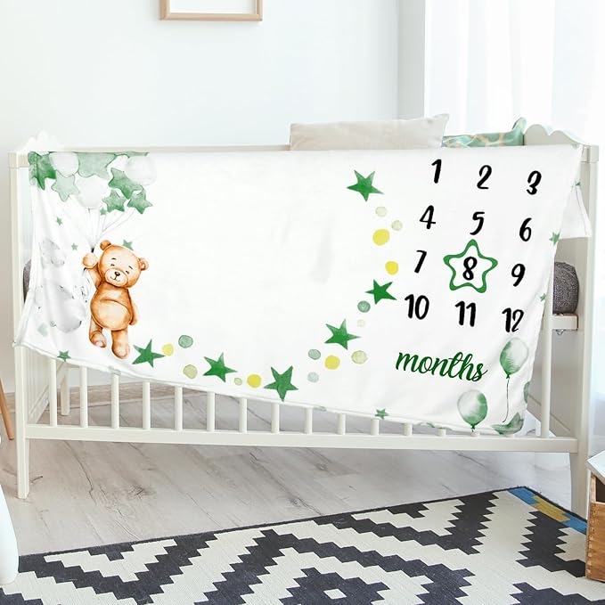 Sleeping Bear Monthly Baby Milestone Blanket Bear Star Balloon Flannel Blanket Boy Newborn Infant Swaddle Growth Chart Baby with Frame for Boys Girls Nursery (Green)