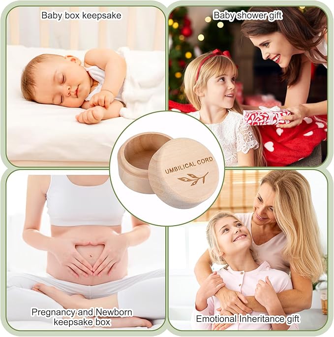 Umbilical Cord Memorial Box Engraved Wooden Round Newborn Wood Case Baby Keepsake Tooth Box Fetal Hair Memorial Storage Container Carved Baby Fetal Hair Case for Babys Shower Pregnancy Christen Gift