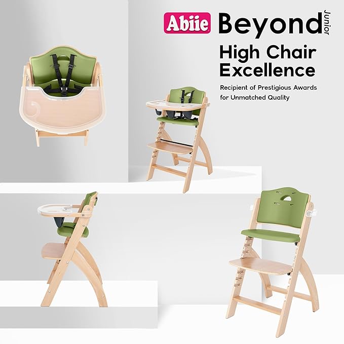 Abiie Beyond Junior Wooden High Chair with Tray - Adjustable and Convertible High Chair for Babies and Toddlers - 6 Months to 250 Lb - Water Resistant - Natural Wood/Olive Cushion