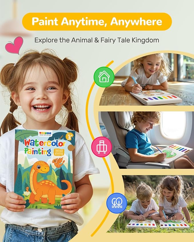 TECJOE Paint with Water Coloring Books for Toddlers, Dinosaur Series Watercolor Set with 3 Brushes, Mess Free Painting Activity for Kids Ages 4 5 6 7 8, Christmas Gifts Arts & Crafts Toy