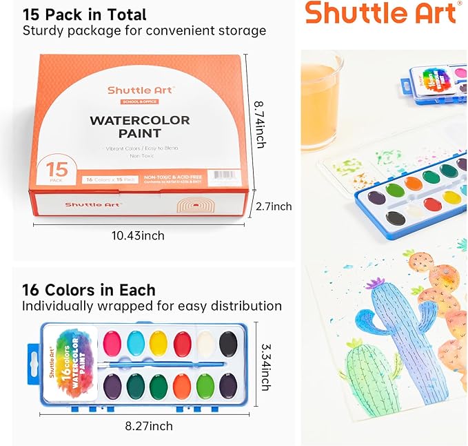 Shuttle Art 16 Colors Watercolor Paint Set Bulk, 15 Pack, Watercolor Paint Set with Paint Brushes for Kids and Adults, Washable Paint for Classroom, Parties, Kindergarten and Art Activities