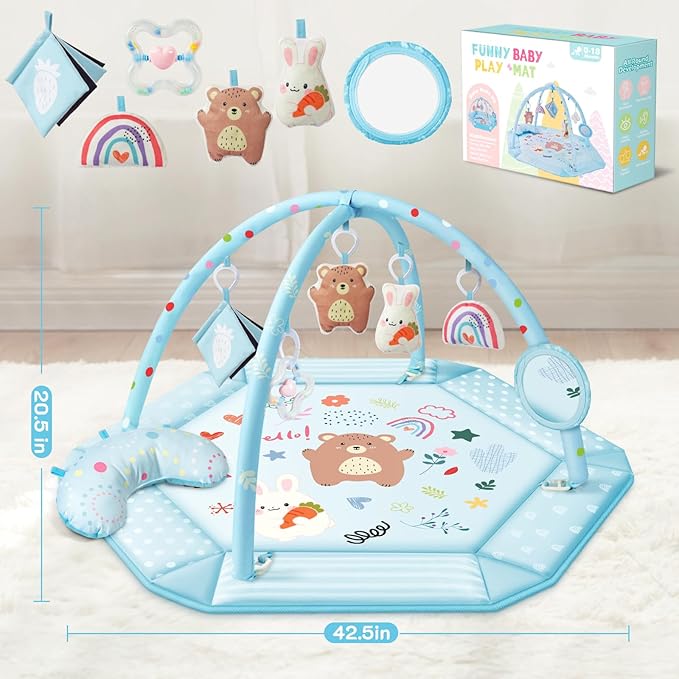 Baby Gym Play Mat, 8-in-1 Tummy Time Mat & Ball Pit with 6 Toys, Washable Baby Activity Mat for Visual, Hearing, Sensory, Motor Development, Baby Gift for Newborn Infant 0-3-6-9-12 Months (Blue)