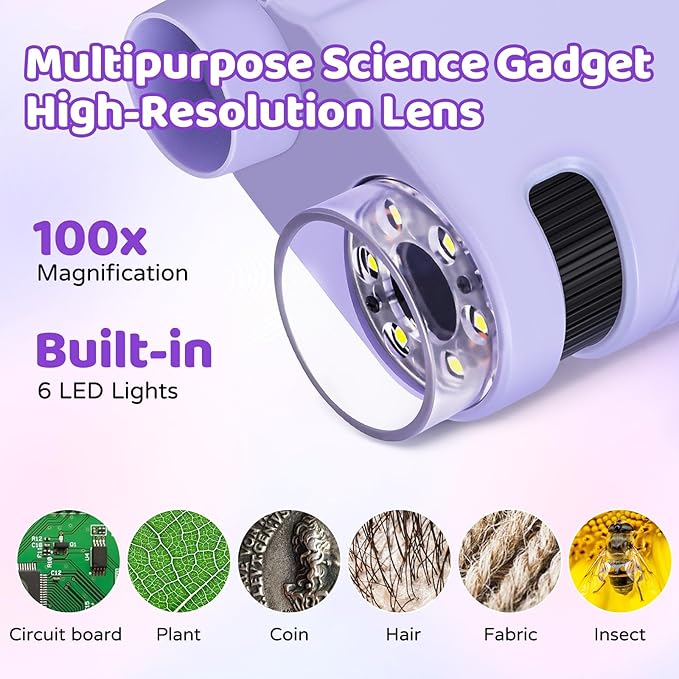 Mini 3-in-1 Pocket Microscope with Camera & Telescope, 32GB SD Card, 2.4" IPS HD Screen, Handheld Digital Microscope for Kids, Educational Science Kit, Christmas Birthday Gift for Boys Girls Ages 3-9