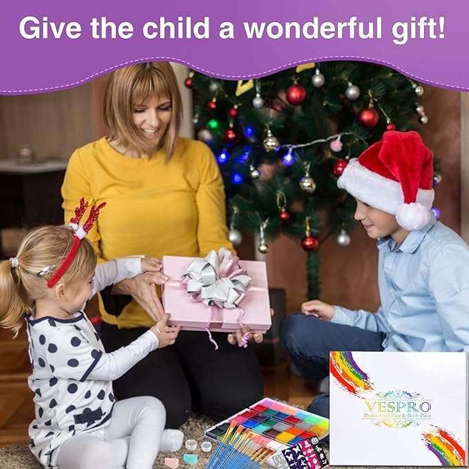 VESPRO Face Painting Kit For Kids Party,32 Colors Professional Oil Face&Body Paint Kit with 10 Brushes 4 Reusable Face Stencils,2 Glitters and 2 Sponges for Kids and Adults Halloween Makeup