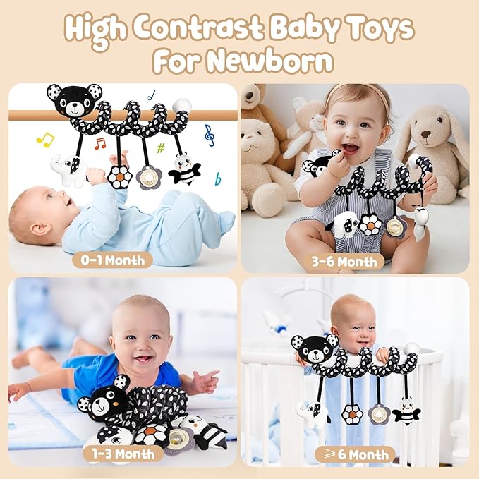 Car Seat Toys for Babies 0-6 Months,Hanging Rattle Toys for Crib Mobile, Baby Spiral Hanging Stroller Black and White High Contrast Toys for Newborn 0 3 6 9 12 Months Baby Boys Girls (Bear)