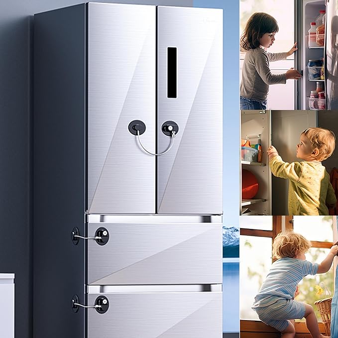 2 Pack Refrigerator Lock with Sticky Adhesive Pads, Child Proof Refrigerator/Fridge/Freezer Door Lock for Toddlers and Kids, Baby Safety Locks for RV Refrigerator, Cabinets and Drawers, Oven (Patent)