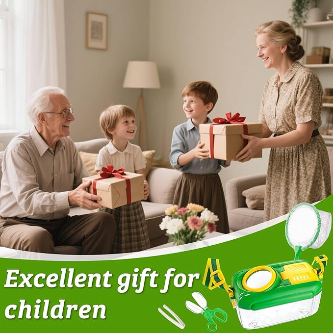 2 Set Bug Catcher for Kids- Educational Bug Catching Kit Including Butterfly Net, Insect Clip, Tweezer, Outdoor Toys for Kids Ages 3-10 (Green)