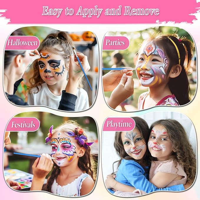 Face Painting Kit for Kids, 27 Colors Non-Toxic Paint with Brushes, 16 Crayons, 6 Reusable & 40 Sticky Stencils, Face Gems, Tattoos for Cosplay Parties & Halloween Makeup