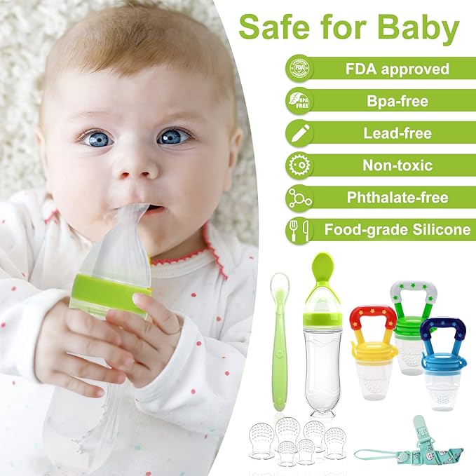 WAJIAYON Food Feeder for Baby, Fruit Feeder Pacifier (3 Pcs) with 6 Different Sized Silicone Pacifiers,Silicone Baby Food Dispensing Spoon 90ML with Babies Spoons,Pacifier Clip Babies Feeding Set