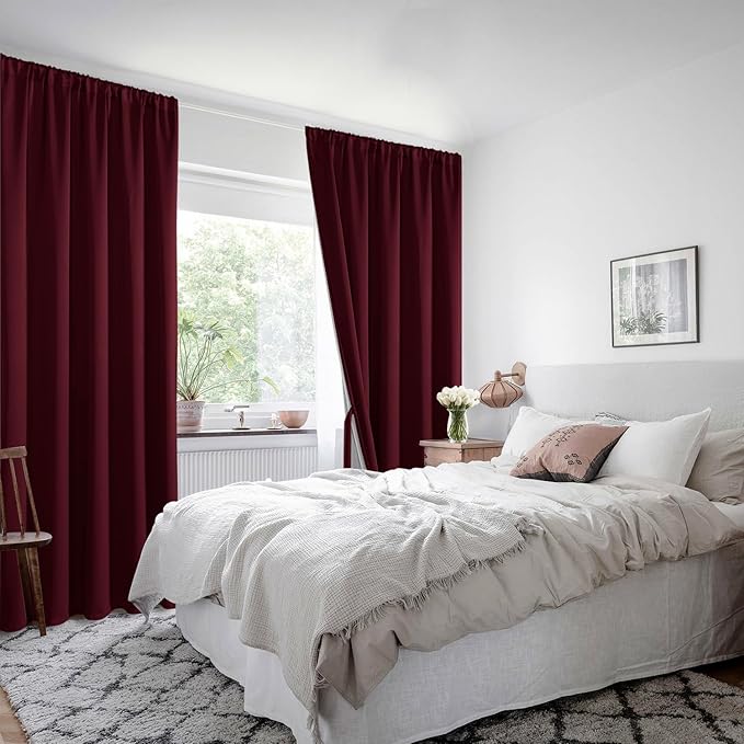 XWZO 100% Blackout Curtains with Tiebacks- Rod Pocket Heat and Full Light Blocking Window Panels & Thermal Insulated Draperies for Living Room Wide Window, Burgundy, W60 x L63, Set of 2