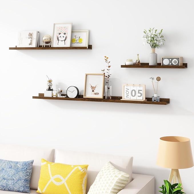 Picture Ledge Shelf, Wood Floating Shelves Set of 4, 24 inch Picture Ledge Shelves, Photo Ledge Nursery Book Shelves Wall Mounted for Living Room Kids' Room Bedroom, Color Walnut