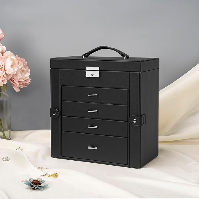 AKOZLIN 5-Tier Jewelry Box Lockable Leather Jewelry Storage Case with 4 Drawers for Women Girls Ring Necklace Earring Bracelet Watches Holder Organizer with Mirror