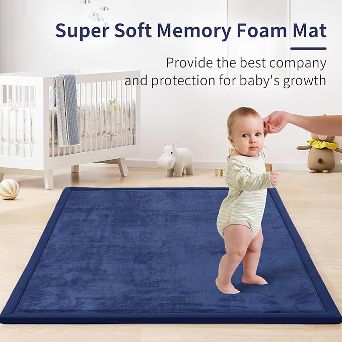 ACOMOPACK Baby Play Mat for Floor 1.3" Thick Memory Foam Play Mat 39"×59" Tummy Time Crawling with Non-Slip Bottom for Living Room,Nursery,Soft Velvet Playpen Mats for Kids,Infants(Royal Blue)