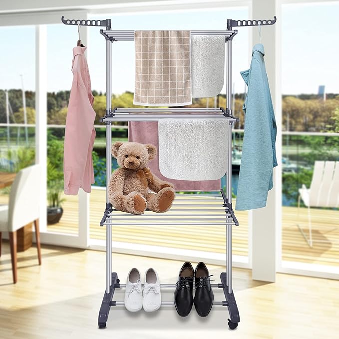 Bigzzia Clothes Drying Rack Folding Drying Rack Clothing 4 Tier Clothes Horses Rack Stainless Steel Laundry Drying Rack with Two Side Wings Grey