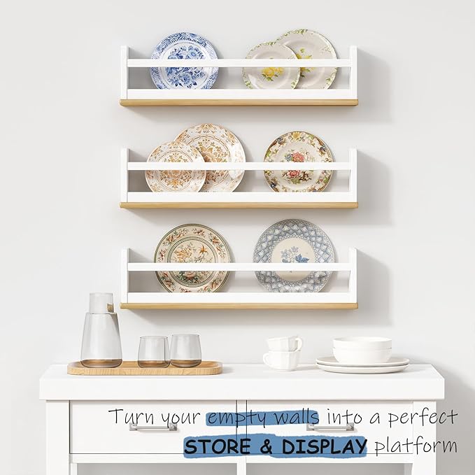 Nursery Floating Book Shelves for Wall, 24 Inch Long Wall Bookshelf for Kids Room, White and Natural Wood Baby Toddler Child Hanging Bookshelves for Kids Bathroom Bedroom (Upgraded Set of 3)