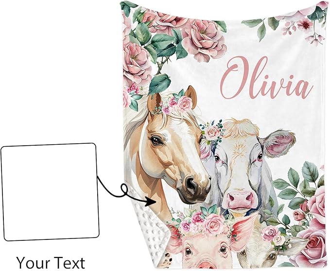 Personalized Nursery Crib Bedding Set: Custom Name Pink Floral 5 Piece Baby Crib Sets with Horse Pattern - Toddler Double Layer Blanket Set, Comfortable Crib Bed Sheets for Baby Grils
