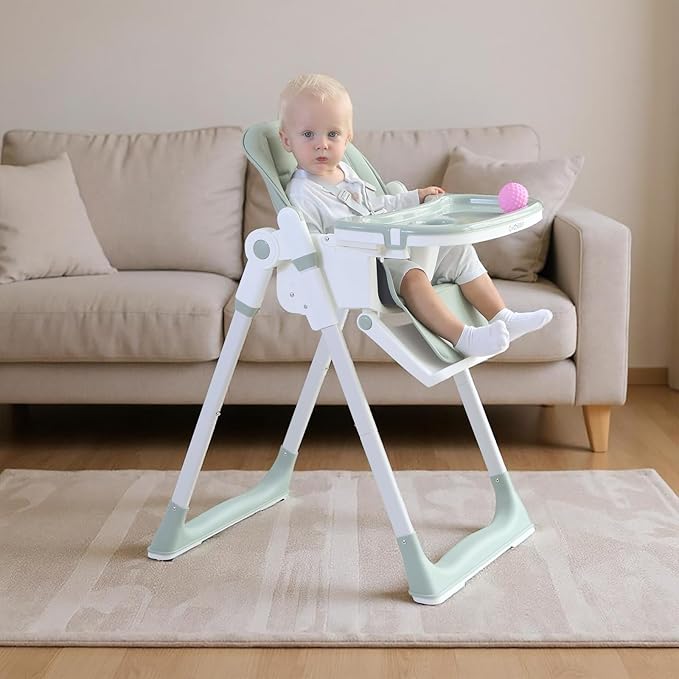 3-in-1 Foldable High Chair for Babies & Toddlers – Adjustable Height, Reclining Seat, 5-Point Safety Harness, Removable Tray, Lockable Wheels, Washable Cushion – Portable & Easy Clean, Green