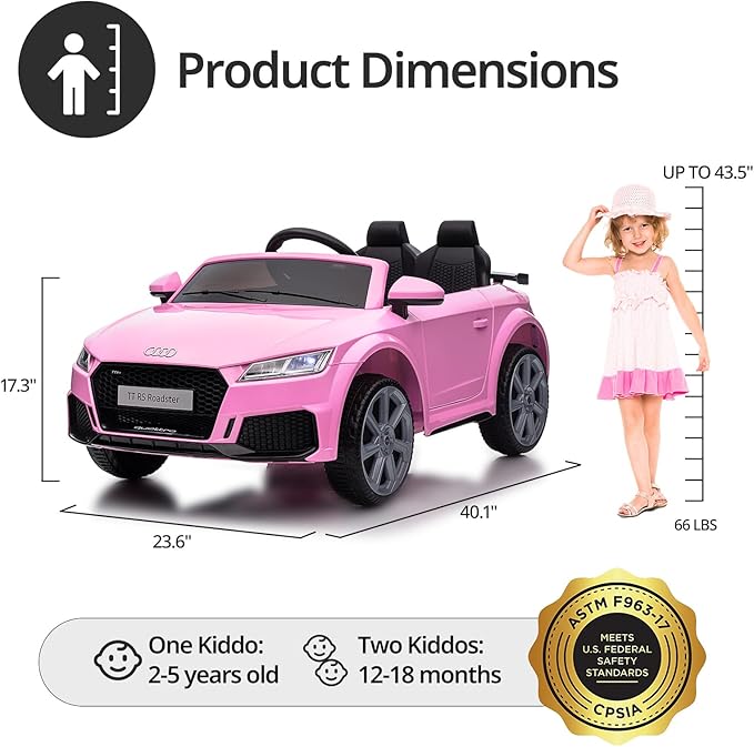 Electric Ride on Car for Kids, Licensed Audi 12V 7Ah Kids Ride-on Toy for Toddlers 3-5 Year Old Girls with Remote, Bluetooth - Pink