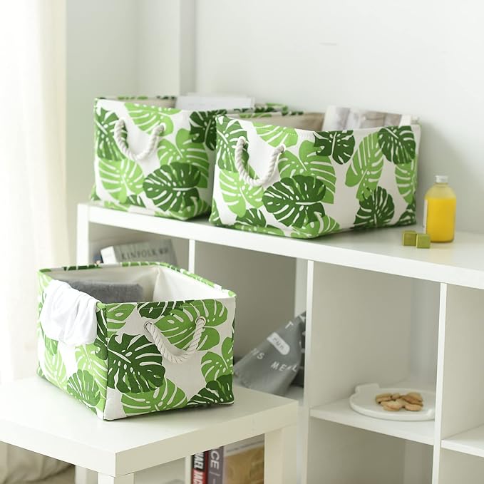 Storage Cubes, Storage Bins Baskets for Organizing 4 Pack for Organizing Toys, Clothes, Closet Baskets with Rope Handles for Nursery Home(White and Green,15.7"L×11.8"W×8.2"H)