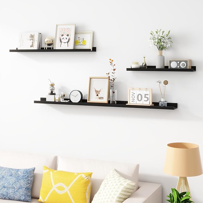 Picture Ledge Shelf, Wood Long Floating Shelves for Wall, Set of 2, 48 inch Picture Ledge Shelves, Photo Ledge Nursery Book Shelves Wall Mounted for Living Room Kids' Room Bedroom, Color Black